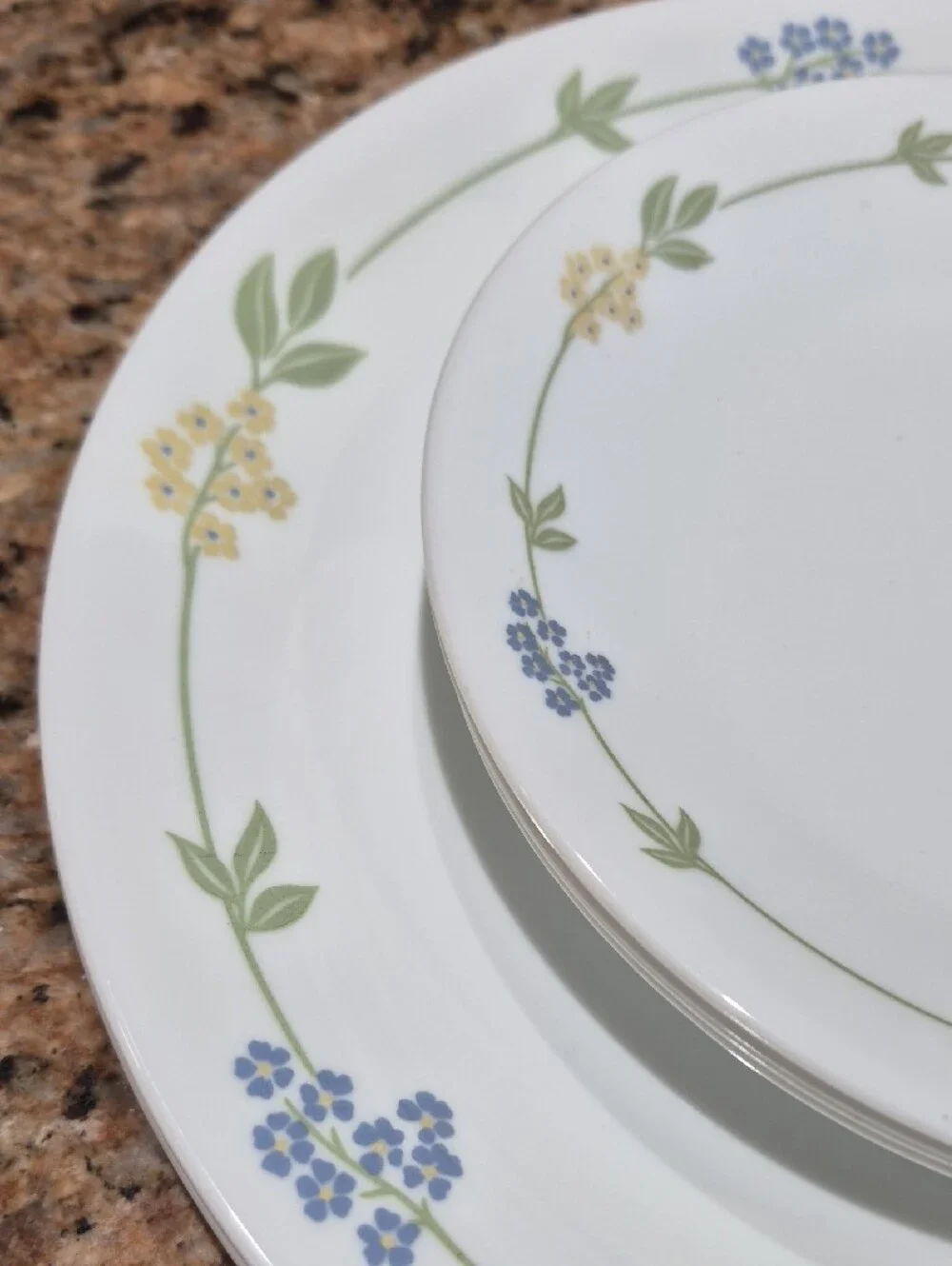 Corelle Secret Garden Dinnerware with Green Leaves and Blue & Yellow Flowers
